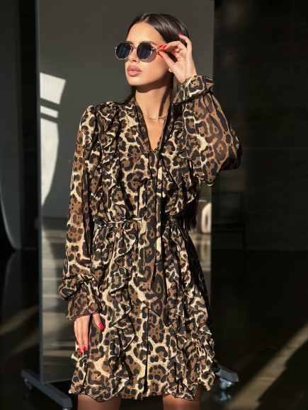 Платье (2в1) с рюшами шифон принт коричневый леопард