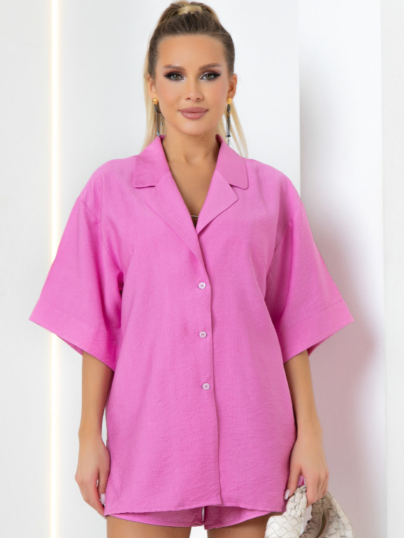 Костюм рубашка и шорты на резинке изо льна цвет розовый