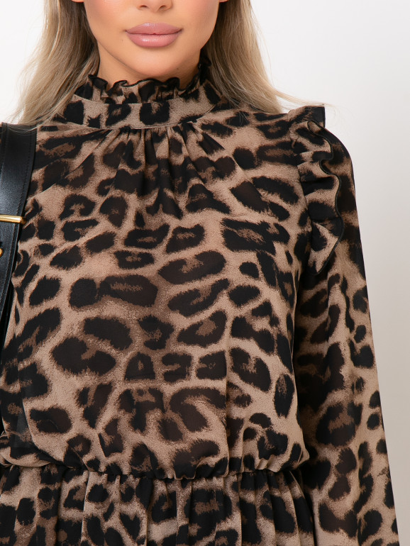Платье из шифона цвет коричневый принт леопард