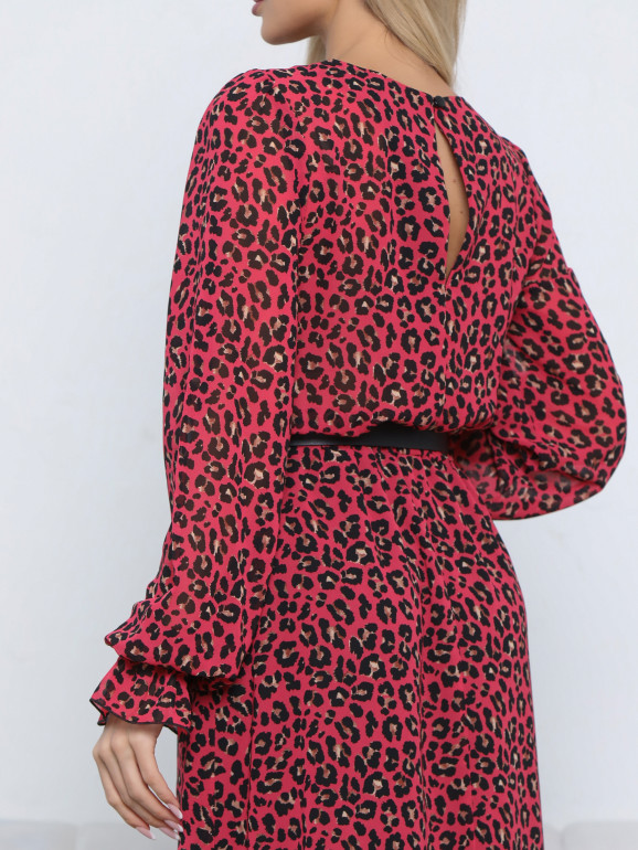 Платье на резинке с разрезом шифон малиновый леопард