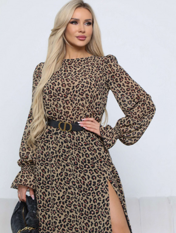 Платье на резинке с разрезом шифон оливковый леопард