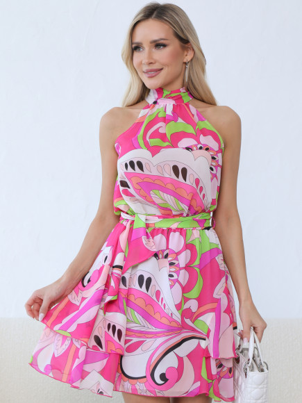 Платье америнканка с воланами розовое с принтом