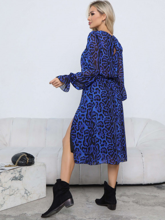 Платье на резинке с разрезом шифон синий леопард