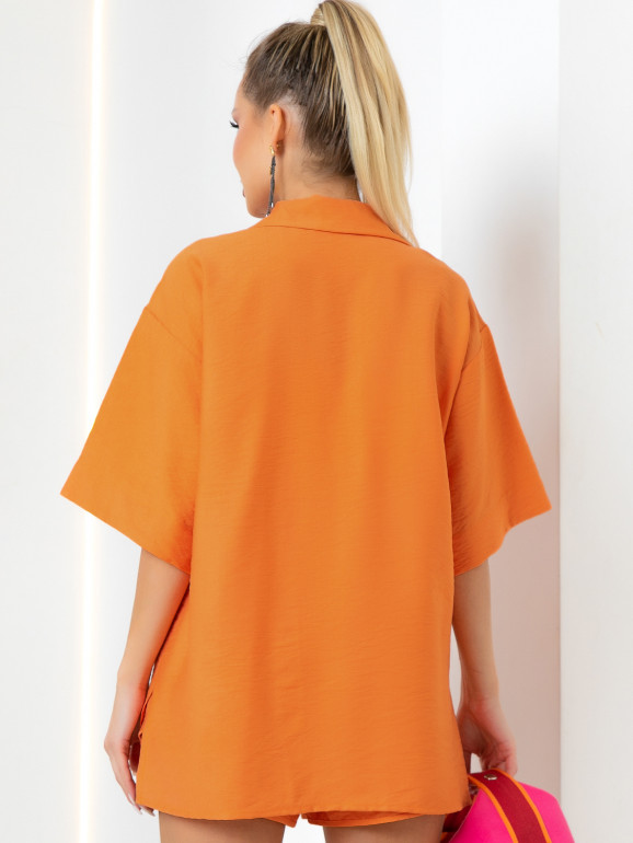 Костюм рубашка и шорты на резинке изо льна цвет оранжевый
