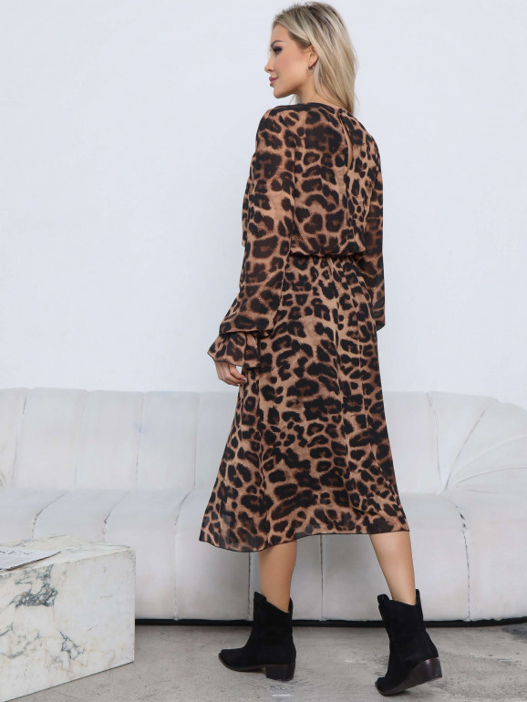 Платье на резинке с разрезом шифон коричневый леопард
