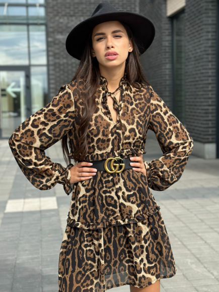 Платье А-силуэт принт темно-коричневый леопард